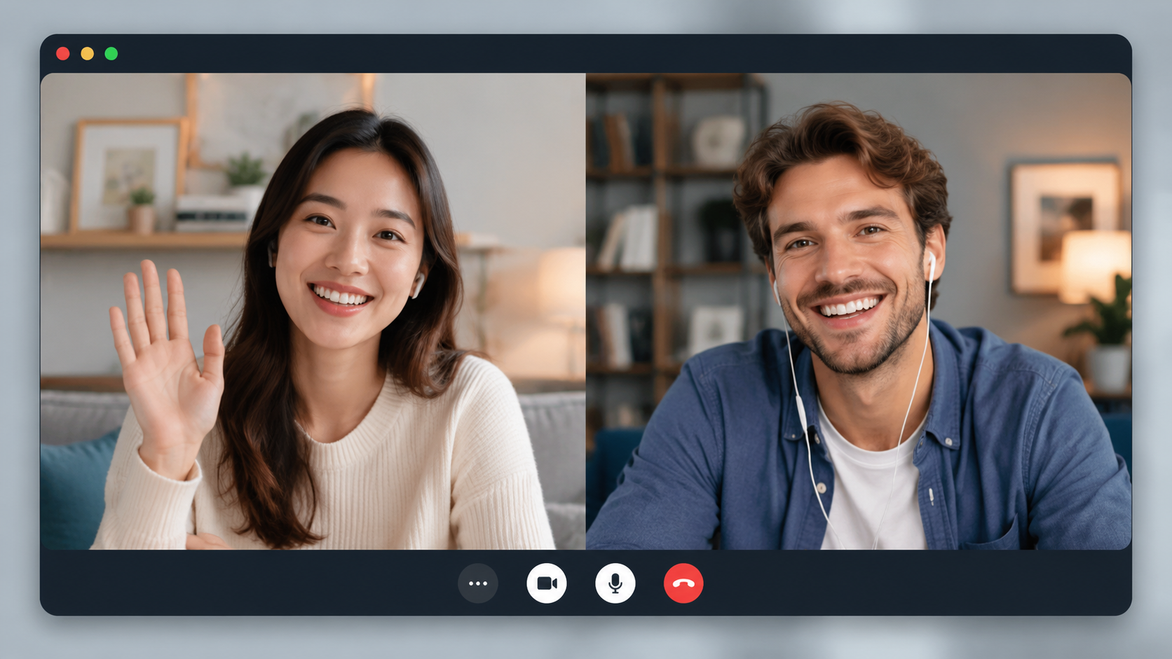Two people having a genuine video conversation on a modern app interface