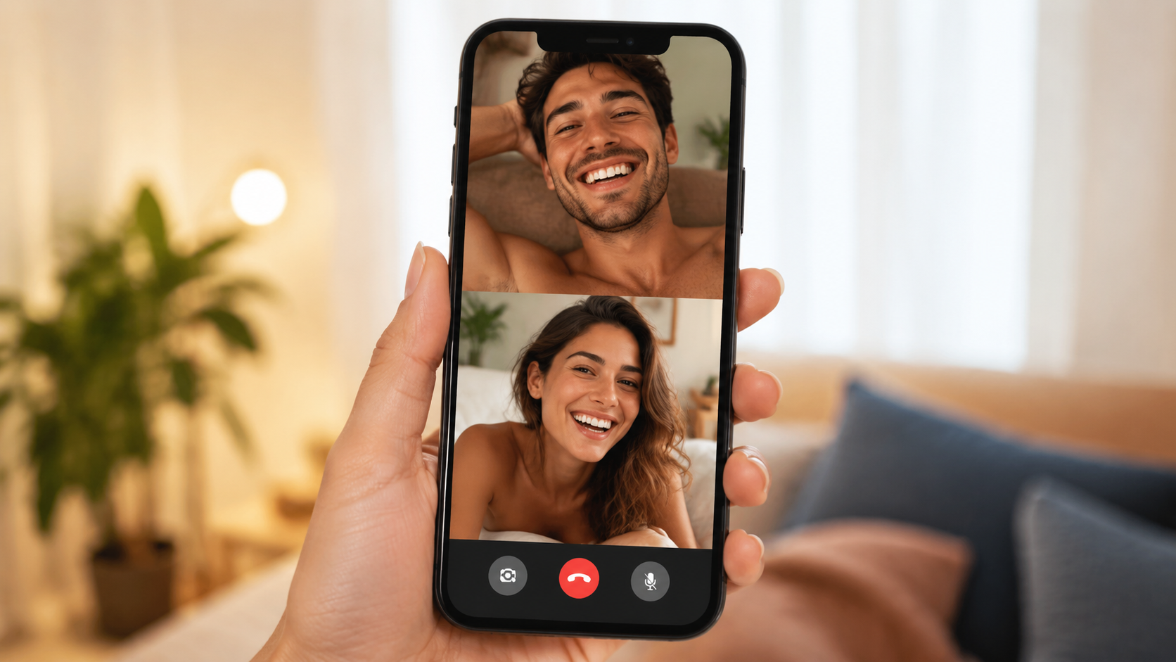 Two people smiling during a live video chat on a naked chat app